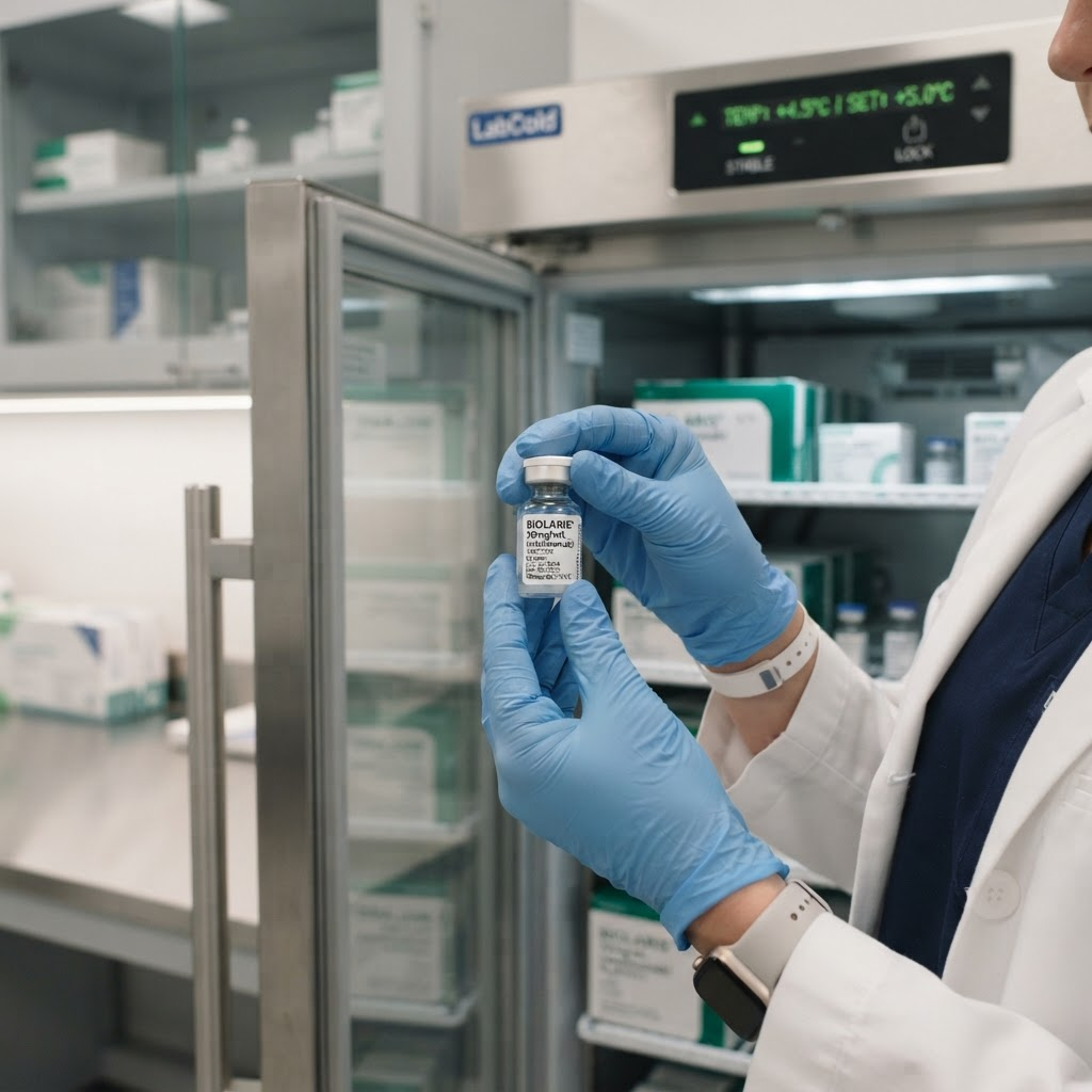 Farmacêutico manuseando frasco de medicamento biológico em câmara refrigerada