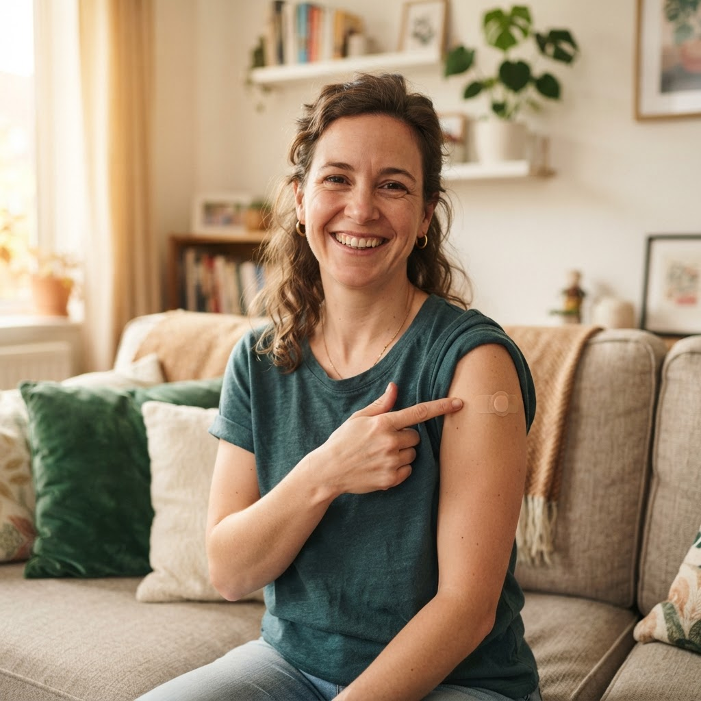 Paciente sorrindo e apontando para o curativo no braço após a aplicação em casa
