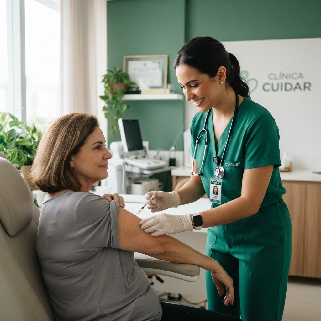 Enfermeira aplicando medicamento imunobiológico em paciente em uma clínica moderna